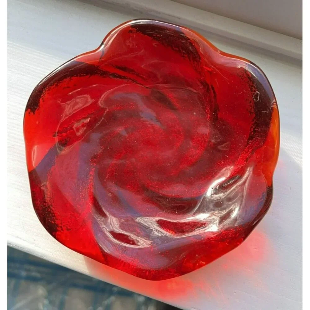Fenton Red Amberina Swirl Textured Glass Trinket Dish Ashtray 5" Heavy Glows UV - Picture 2 of 8